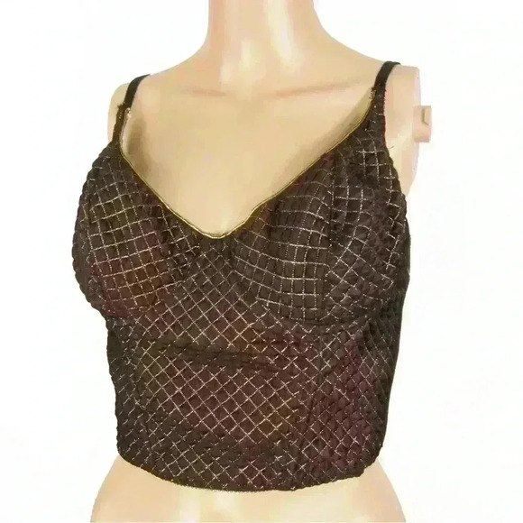 Vintage 80s Bustier Corset Burgundy Quilted Metallic Gold Tank Top - Picture 3 of 5